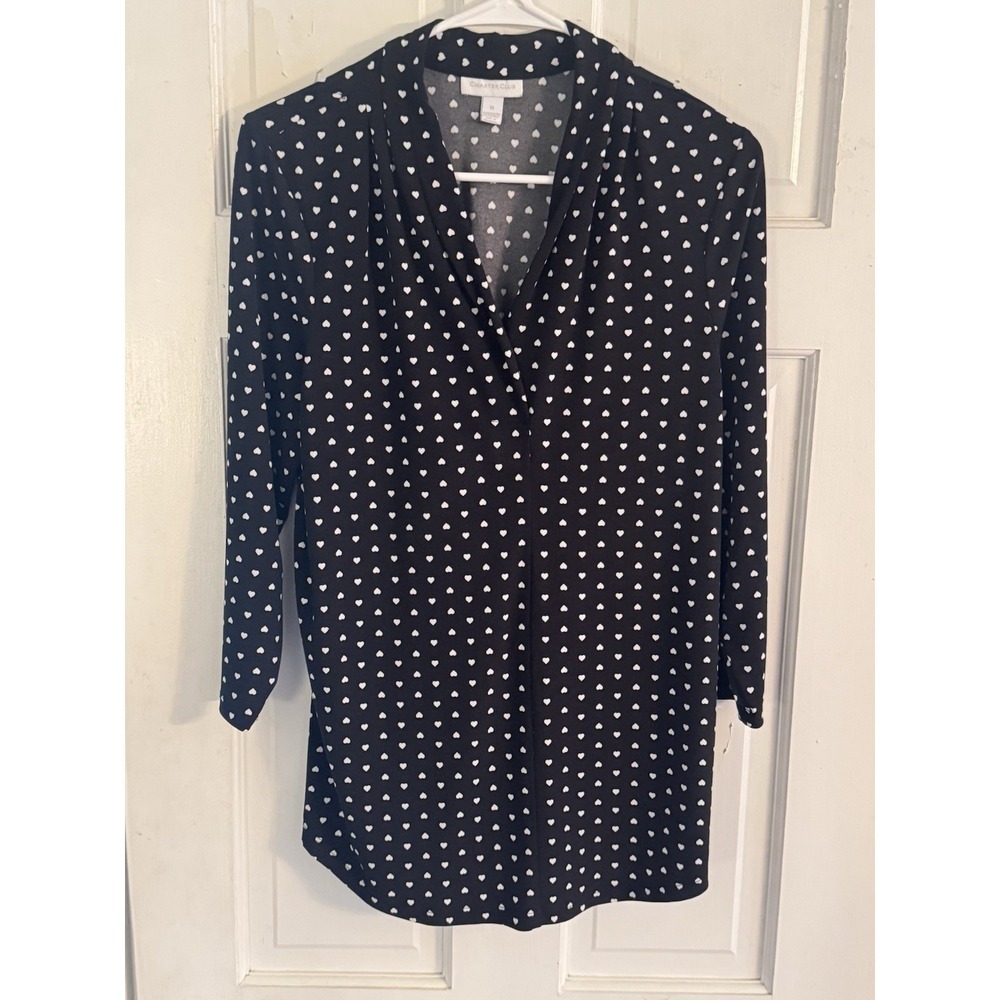 💙Charter Club Sz M 3/4 Sleeve Tunic Top Black White‎ Hearts V -Neck Date Night